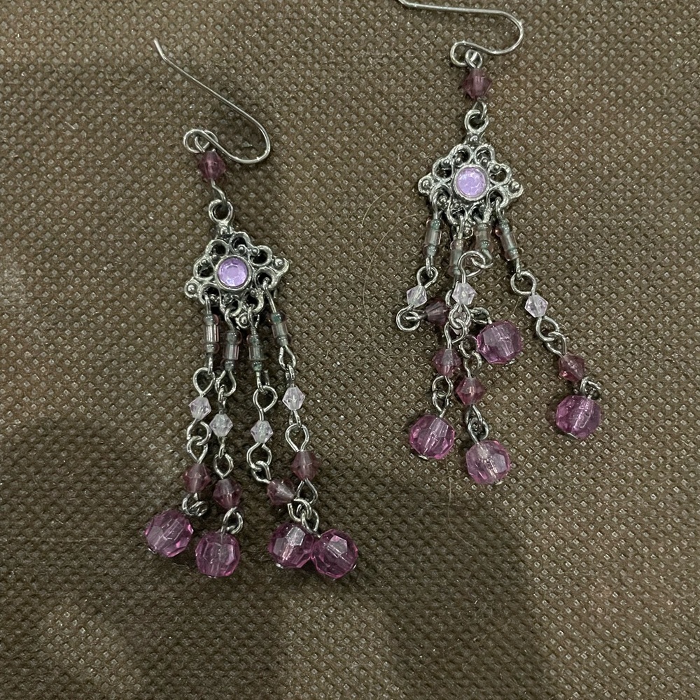 Fun earrings! Glass beads in shades of purple, with silver,